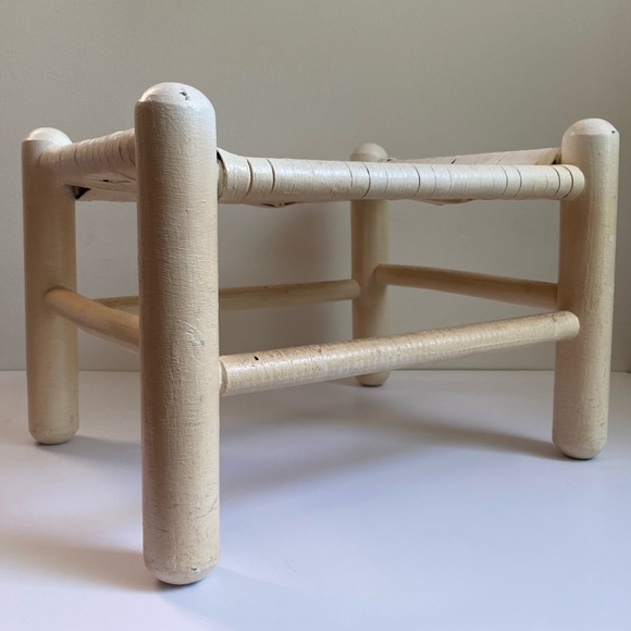 {SOLD} Vintage woven rattan + wood foot stool, painted white - Picture 2 of 7